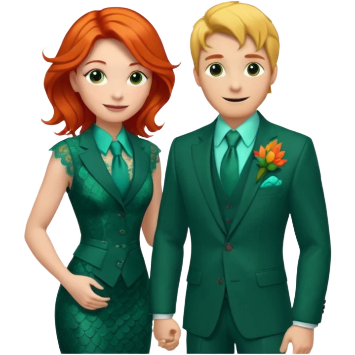  The man, with red hair and visible snake scales, wears a dark green suit with a green tie and an orange boutonnière. The woman, with blonde hair, wears a turquoise ballgown with lace details and holds a colorful tropical bouquet. They smile at each other.  emoji