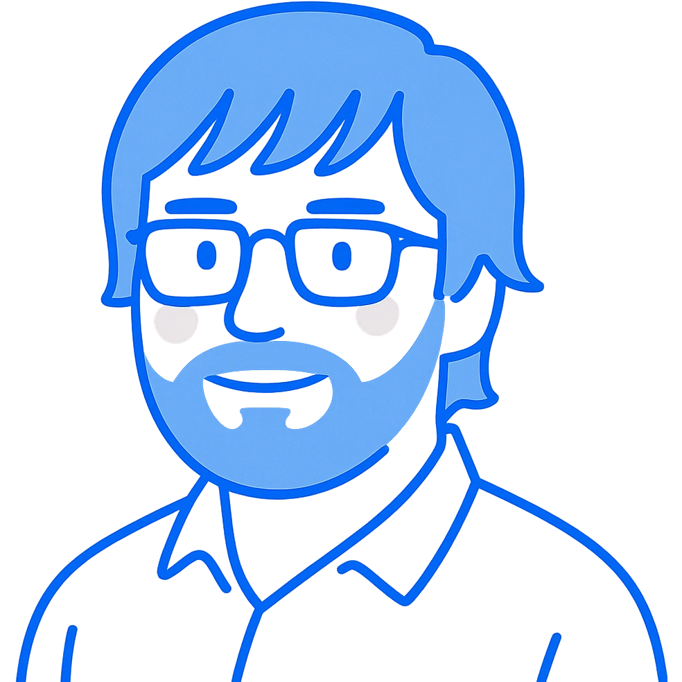 A man with stylish glasses, attractively disheveled longer hair that still looks nicely styled with perfect bangs across the forehead, a round face shape, and a broader nose. Use standard bright blue for all primary outlines and details, very subtle pink highlights restricted to the cheeks, and gray tones used only for the beard and minimal shadow details where necessary. emoji