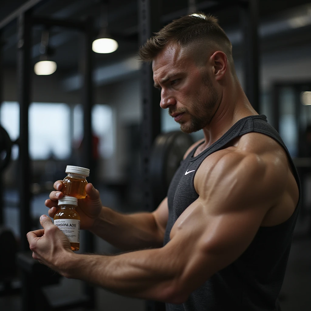 realistic muscular powerlifter in gym, looking at a bottle of anabolic steroids (AAS) with indecisive and reflective expression, wearing sportswear, isolated on white background emoji