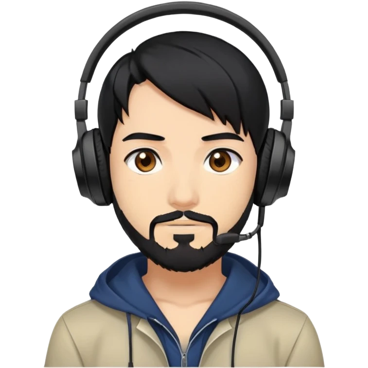 Anime-style man with black hair, brown eyes, black beard wearing gaming headphones, anime character design emoji