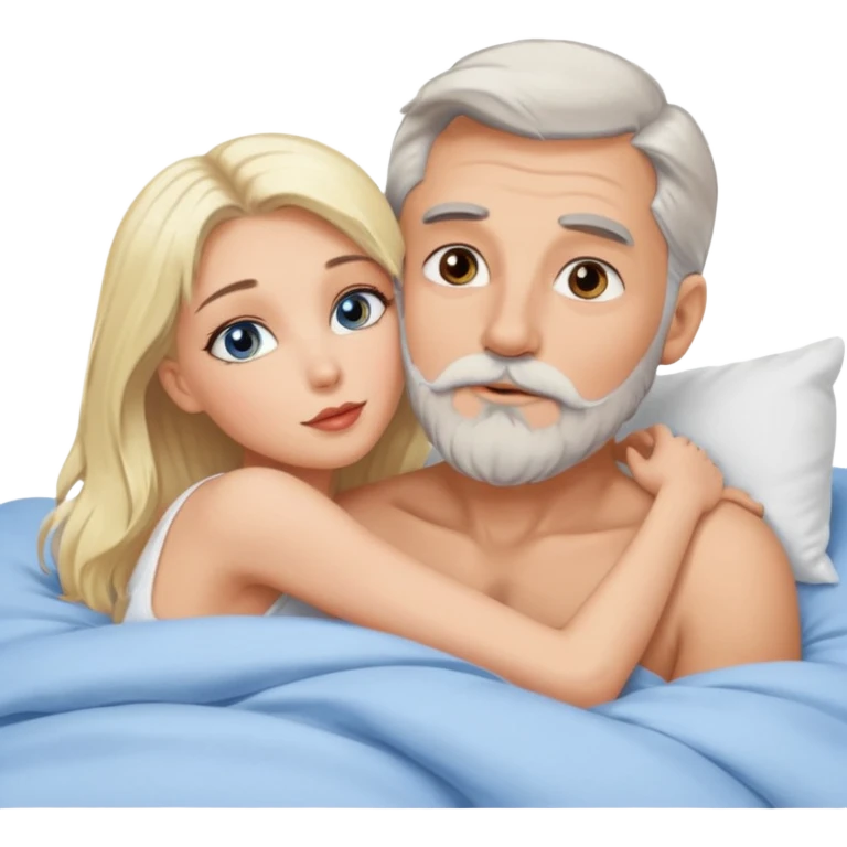 Cuddling Man with hazel eyes and gray beard kissing sexy  blonde blue-eyed  woman in bed emoji
