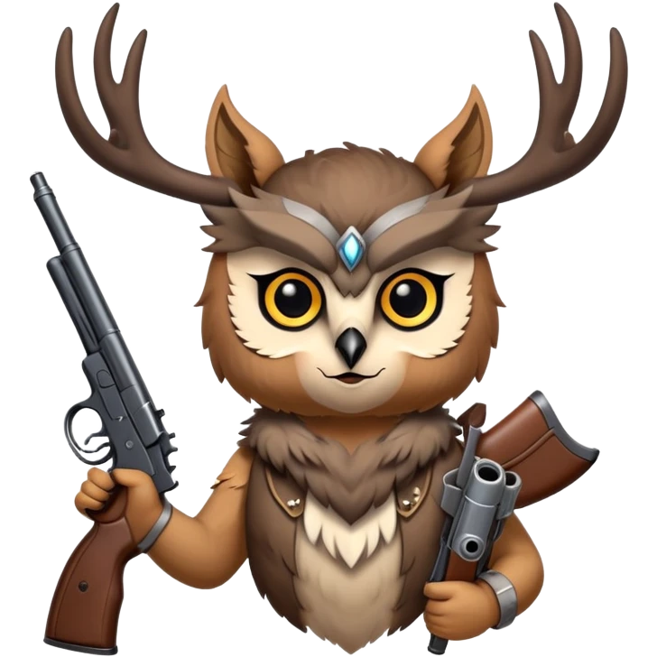 Owl with deer horns and wolf ears holding gun emoji