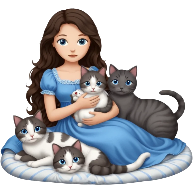 detailed realistic looking a dark grey and white cat regally laying with six other cats, cuddling with their owner in bed who is a pretty bratz lightly tanned white girl with long dark brown hair, blue eyes and gorgeous long wavy hair wearing a pretty detailed dress emoji