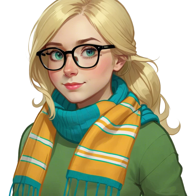A girl with blue eyes, blond hair and glasses  emoji