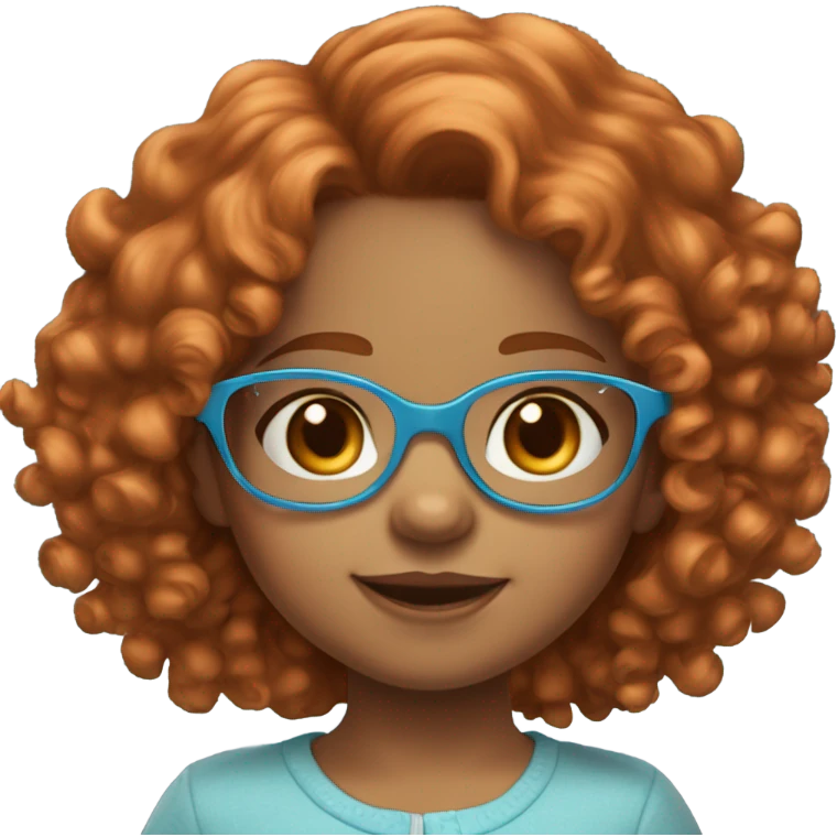 6 year old little girl light skin hazel eyes wearing light blue glasses with medium length curly red hair emoji