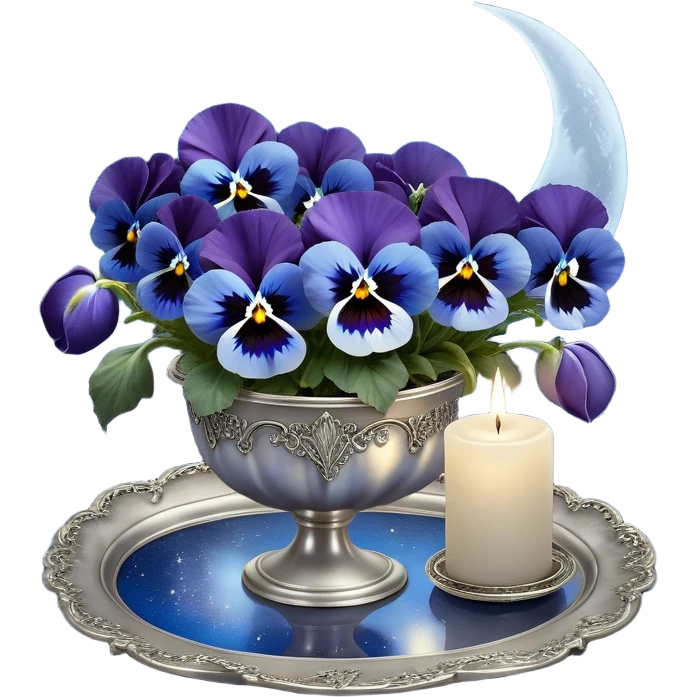 A mesmerizing nighttime scene featuring a cluster of vibrant blue pansies bathed in soft moonlight. In the background, a luminous silver crescent moon hangs low in the sky, partially veiled by delicate wisps of mist. A round, decorative candle in a shimmering pearl color rests on an ornate silver tray, its gentle glow casting flickering reflections on the surrounding petals. Tiny fireflies dance in the air, adding an ethereal touch, while a few scattered crystals glisten among the flowers. emoji
