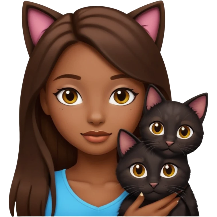 pretty girl with brown long hair and makeup, black kitten on her shoulder, emoji style emoji