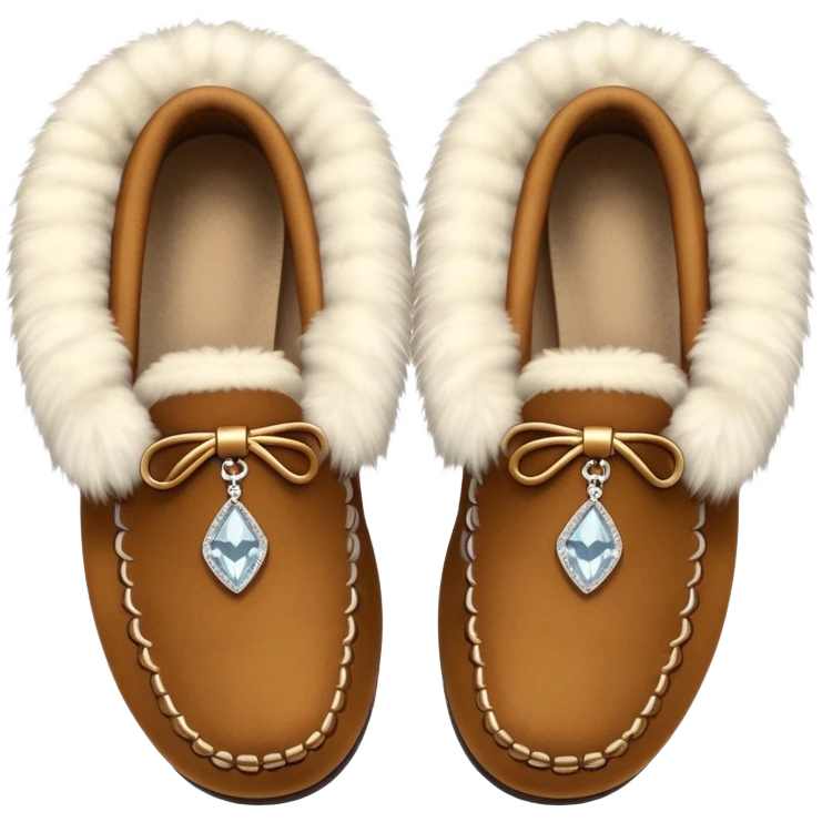 brown moccasins with diamond design and fluffy fur emoji