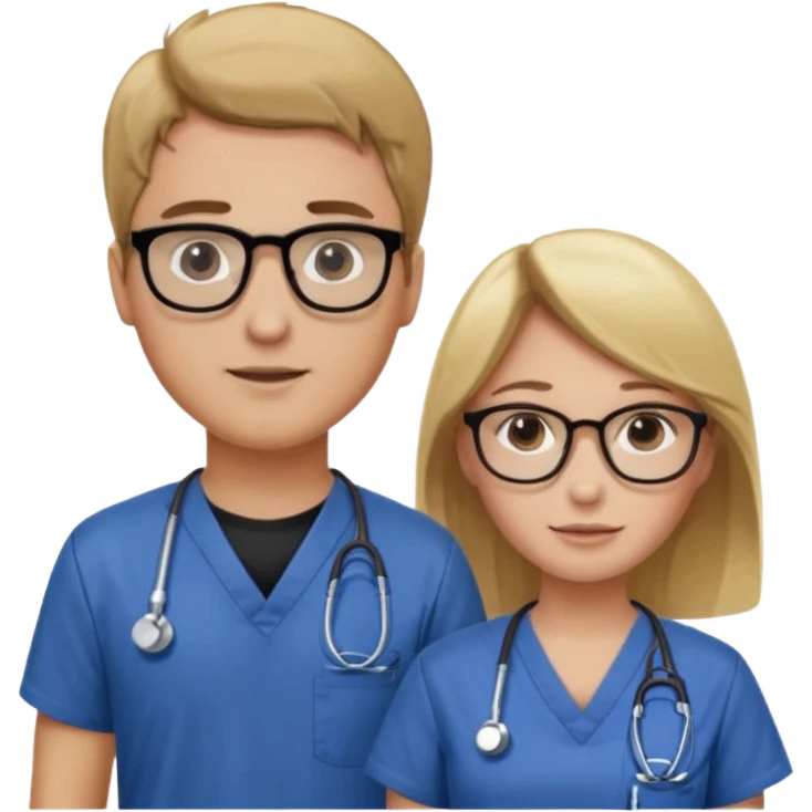 Woman with brown hair and glasses in Scrubbs next to a man with blonde hair and a black shirt emoji
