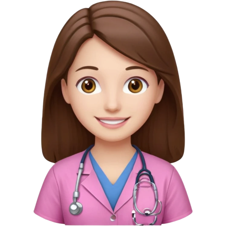 doctor, pink, she, hair brown, eyes brown, scrub baby pink, white skin, long hair, smile  emoji