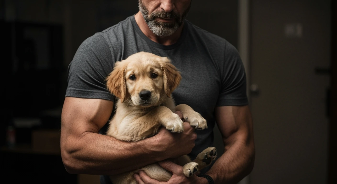 Photo of a musculated man holding puppy golden retriver, low key light emoji