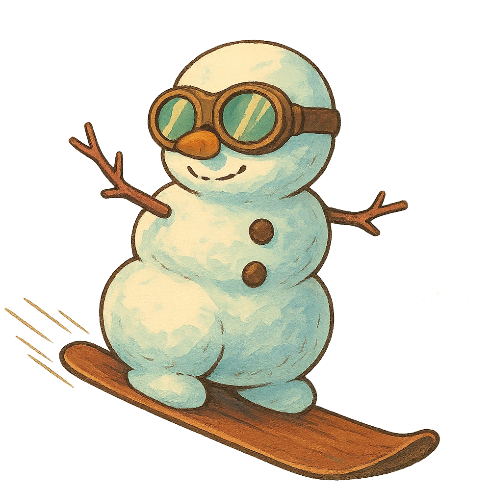 ghibli style snowman with goggles snowboarding emoji