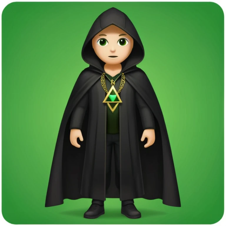 illuminati shadow figure standing in black cloak with gold triangle necklace, green background emoji