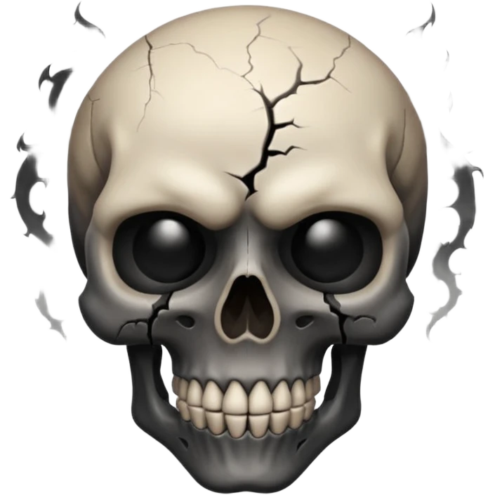 iOS style emoji, dark fantasy skull, cracks, black smoke from eyes, soft light, stylized emoji