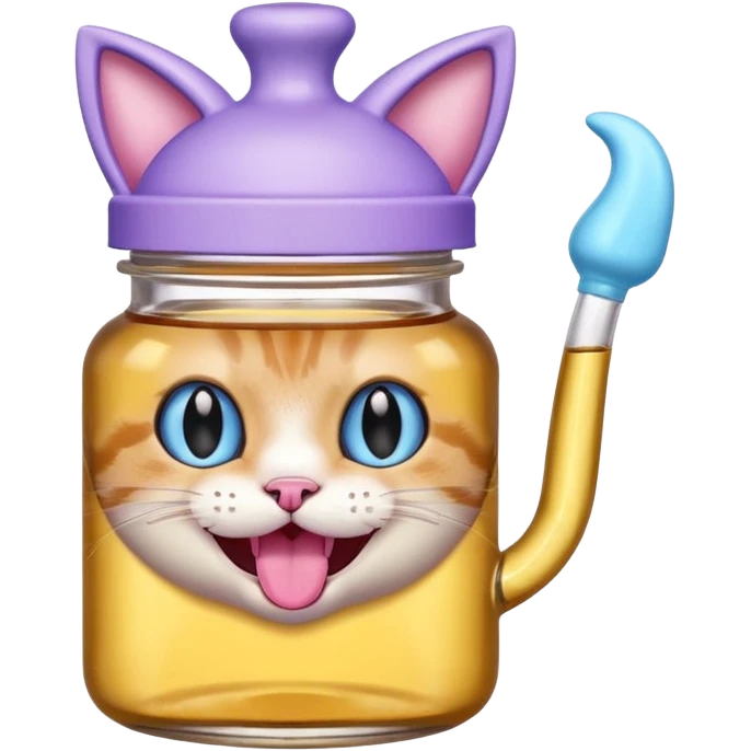 Smiling bottle of oil light purple top and light blue sticking tongue out and with cat ears emoji