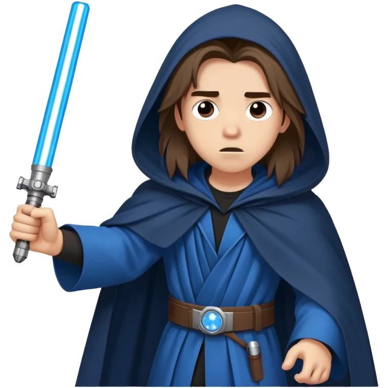 A teenager with long hair that is mad and tired dressed in a cloak with a blue lightsaber emoji