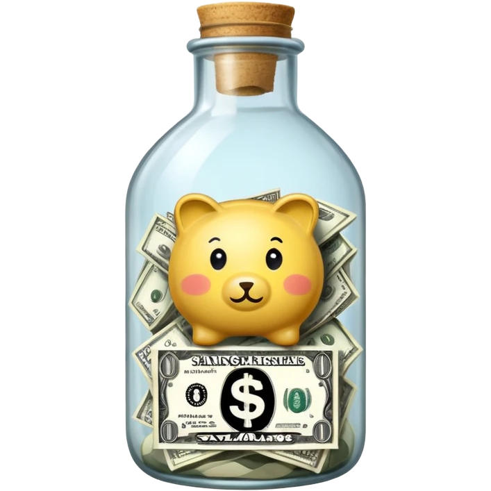 a big bottle glass labeled "savings" that contains dollars inside emoji