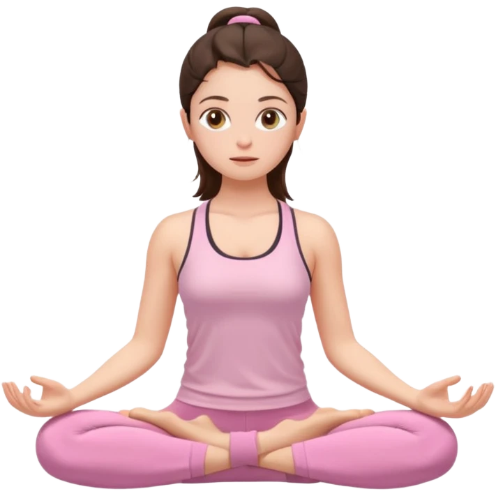 white brunette girl in light pink workout clothes with hazel eyes meditating emoji