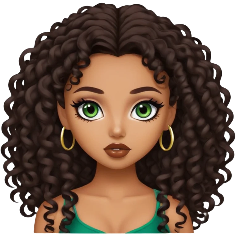 curly long dark brown hair, pretty lips, tan skin,  dark green eyes, pretty bratz baddie, black eyeliner emoji