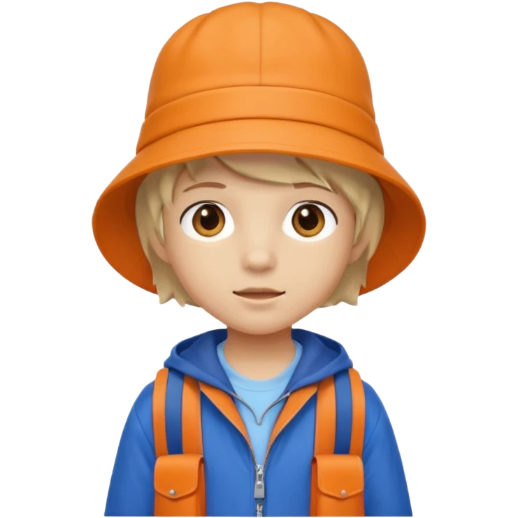 A little student with beige bucket hat, orange jacket, blue backpack emoji