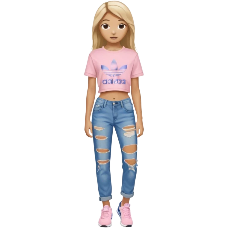 preppy teenage girl, tan, blonde highlights, brown long hair, long eyelashes, beach aesthetic, wearing cute clothes, sexy, wearing ripped blue long baggy jeans with a light pink revealing crop top, wearing Somba Adidas emoji