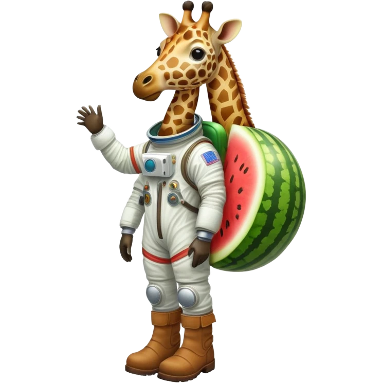 a round watermelon body with only the head of a giraffe sticking out, wearing brown boots and an astronaut helmet emoji