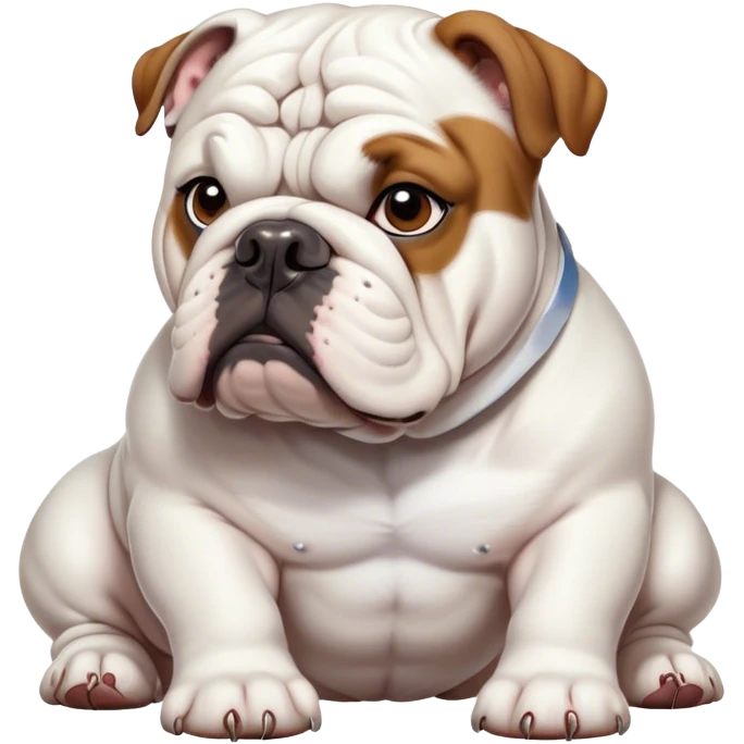 Cinematic Noble White English Bulldog Portrait Emoji, Poised and regal, with a sturdy, muscular build and a pristine, well-groomed pure white coat, deep-set soulful brown eyes, Simplified yet sharp and sophisticated features, highly detailed, glowing with a soft, dignified glow, high shine, intelligent and resolute, stylized with an air of authority, focused and attentive, soft glowing outline, capturing the essence of a watchful and confident guardian, so majestic it feels as though it could lumber out of the screen with effortless authority! emoji