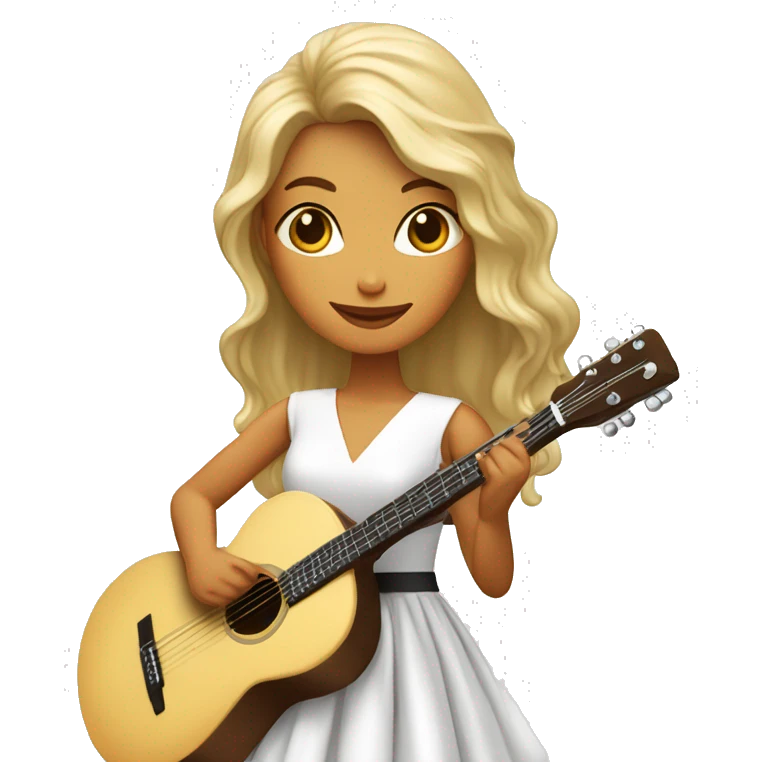 Chica de pelo café y piel blanca con un vestido blanco sosteniendo una guitarra emoji