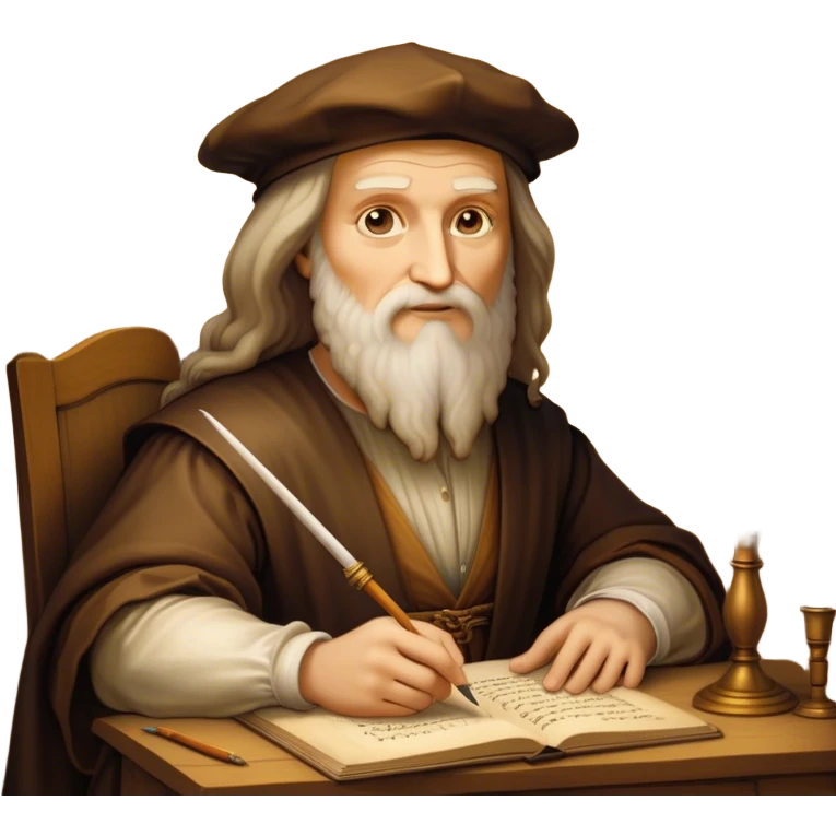 Cinematic Realistic Leonardo da Vinci Portrait Emoji, depicted as the quintessential Renaissance polymath with deep, thoughtful eyes, a flowing beard, and a quill or sketchbook in hand. The scene is illuminated with warm, classical lighting, evoking the atmosphere of a master artist’s workshop, surrounded by early sketches of inventions and masterpieces like the Mona Lisa. emoji