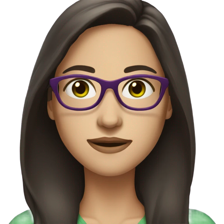 Woman with long dark brown hair and green eyes and fair skin and pruple glasses emoji