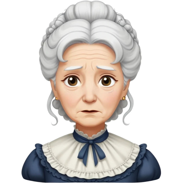 An older Victorian woman with coiffed white hair wearing a modest dress with tears streaming down her face emoji