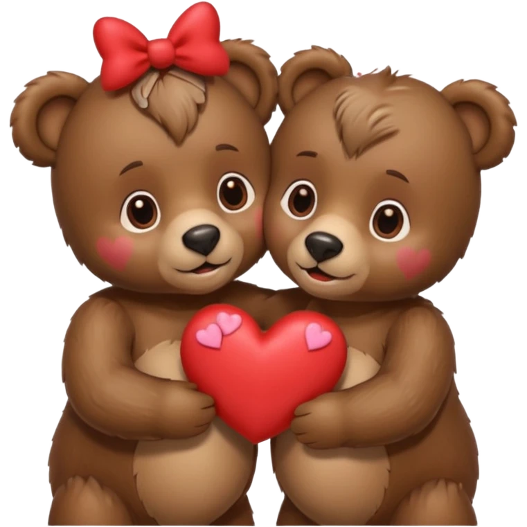 female bear with bow on her head and male bear hugging, couple, surrounded by hearts, playful and loving, cute emoji