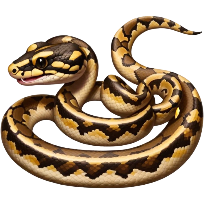 A close-up 3/4 view of the Ball Python with the front half raised slightly in an S-shape and its tongue flicking out. The head is angled curiously toward the viewer, showing both personality and motion. emoji