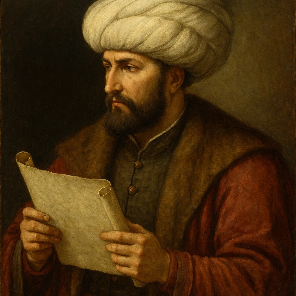 Fatih Sultan Mehmet, Ottoman sultan, holding a scroll, with a serious look, historical painting style emoji