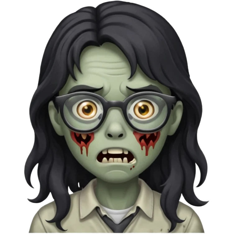 Faça um adolescente zombie com cara de assutado com cortes no rosto, com óculos é cabelos grandes ondulado preto emoji