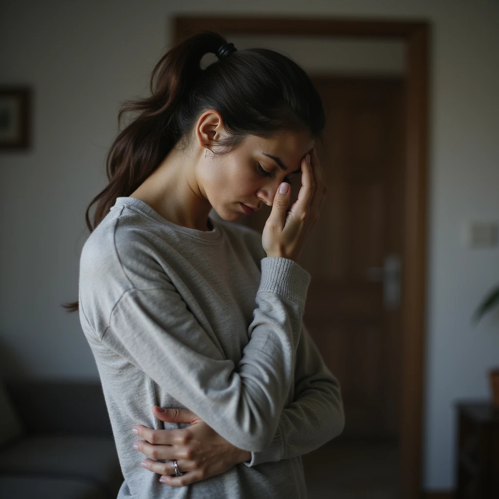 woman standing with curved posture, tired face, dark circles, lowered shoulders, expression of chronic fatigue, hyperrealistic style, realistic details, 4K quality, domestic environment emoji