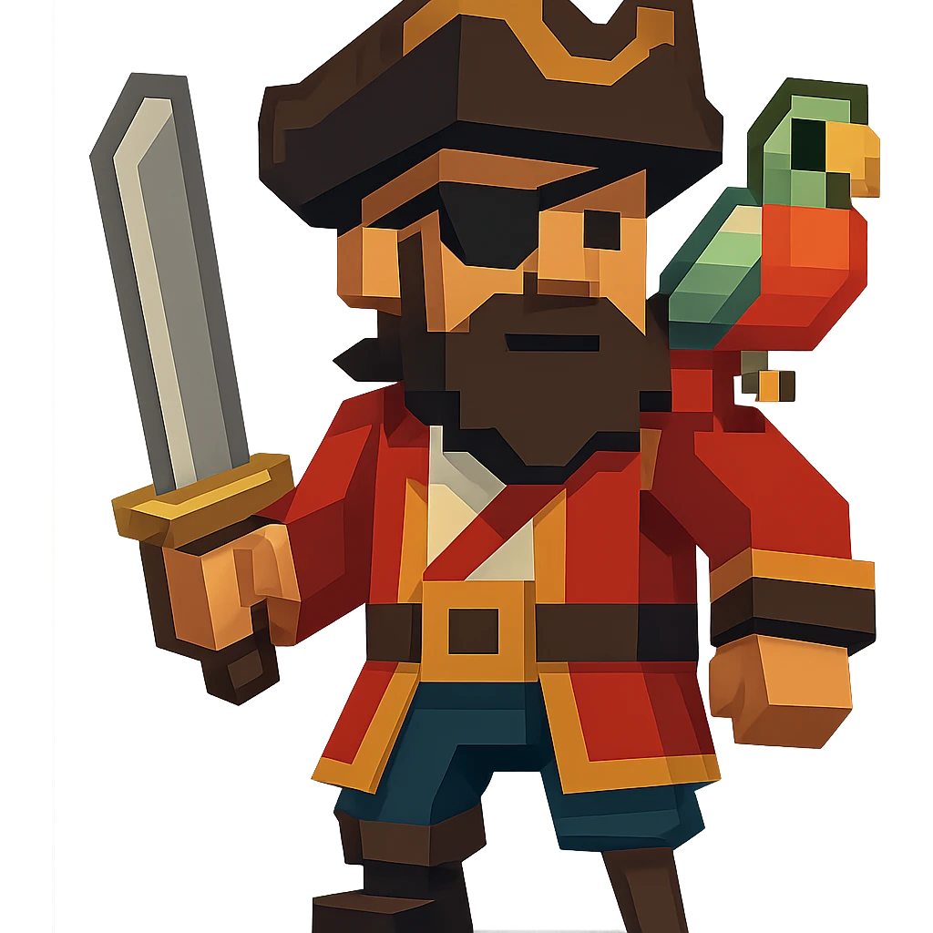 A pirate captain with a hat, eye patch, and a parrot on shoulder, clean geometric style emoji