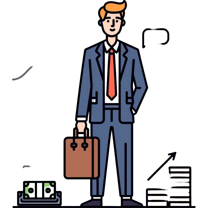 Finance expert businessman with briefcase, stock market chart, and money emoji