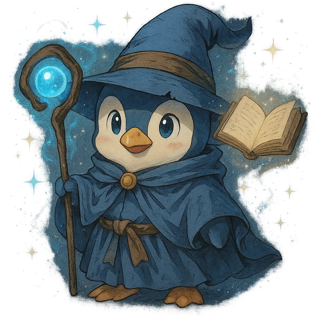 Enhance the anime style penguin wizard to appear more magical by adding glowing effects, sparkles, and a floating spellbook around it. Keep the background transparent to highlight the magical elements. emoji