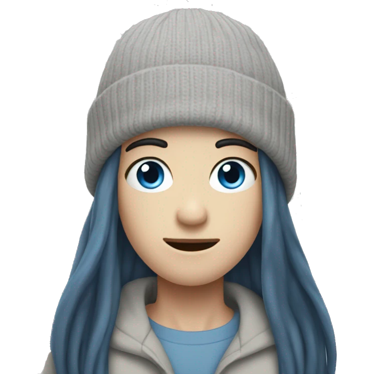 pale man with blue eyes and long black hair wearing grey beanie emoji