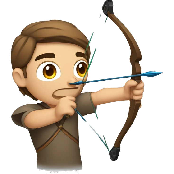 a male archer aiming with a bow looking at his target, wearing a tshirt, brown hair, bright skin, emoji