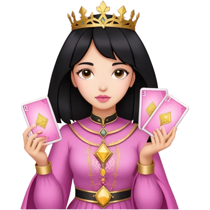 black hair girl with pink pink tarot gold cards emoji