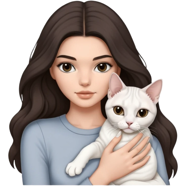 brunette Kendall Jenner with long hair holding on the hands a british white cat and a grey Sphynx emoji