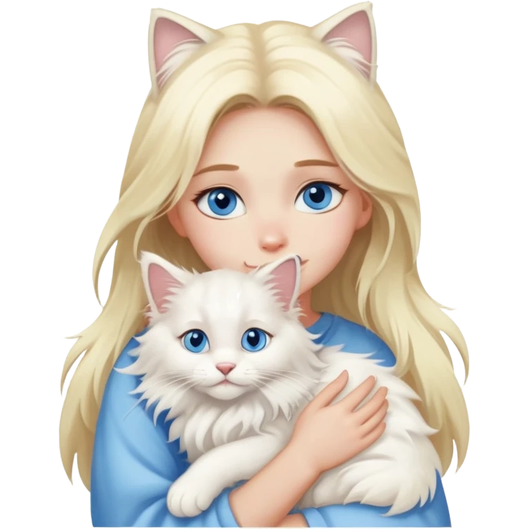 blonde girl blue eyes hugging a white Maine Coon emoji