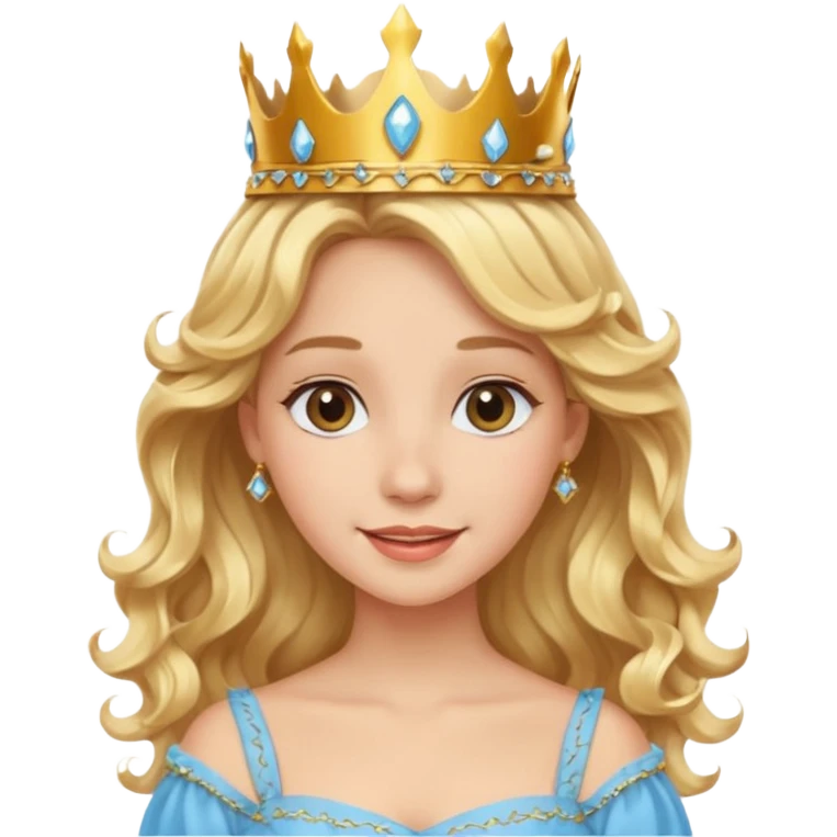 Cheerful blonde princess with wavy hair and light blue dress, wearing crown emoji