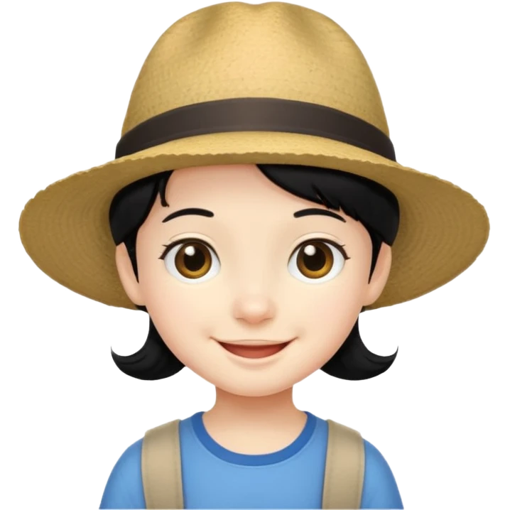 very small tourist kid with big hat and black hair emoji