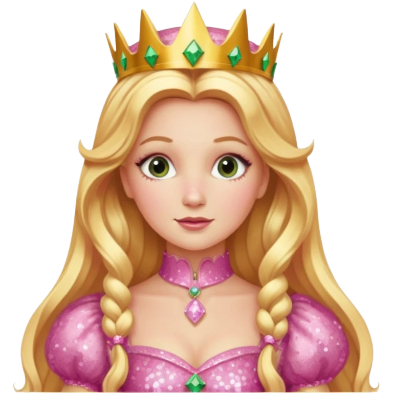 Glinda from The Wizard of Oz with long golden blonde hair, pink sequin outfit emoji