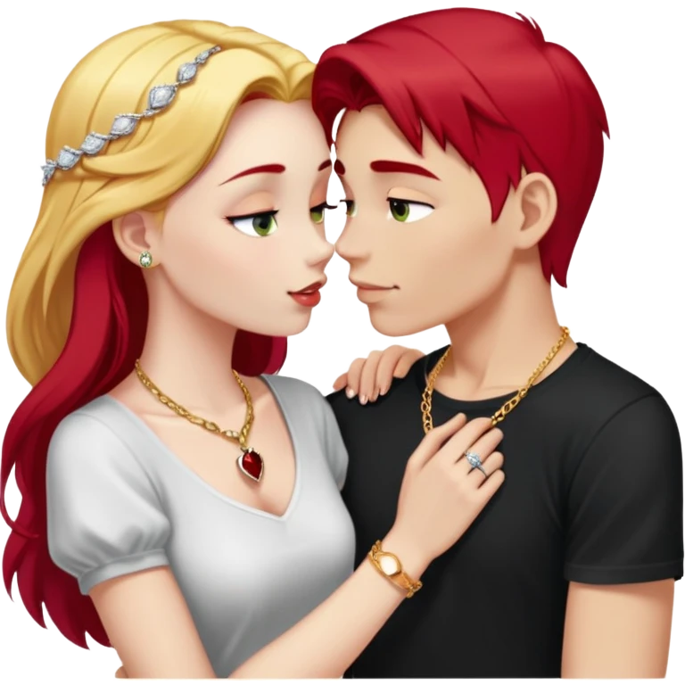 young couple kissing, girl with long cherry red hair and blonde eyebrows, gold A necklace, diamond ring, red bracelet, light clothes, boy with SHORT SNOW WHITE hair, silver ring with black stone, dark t-shirt emoji