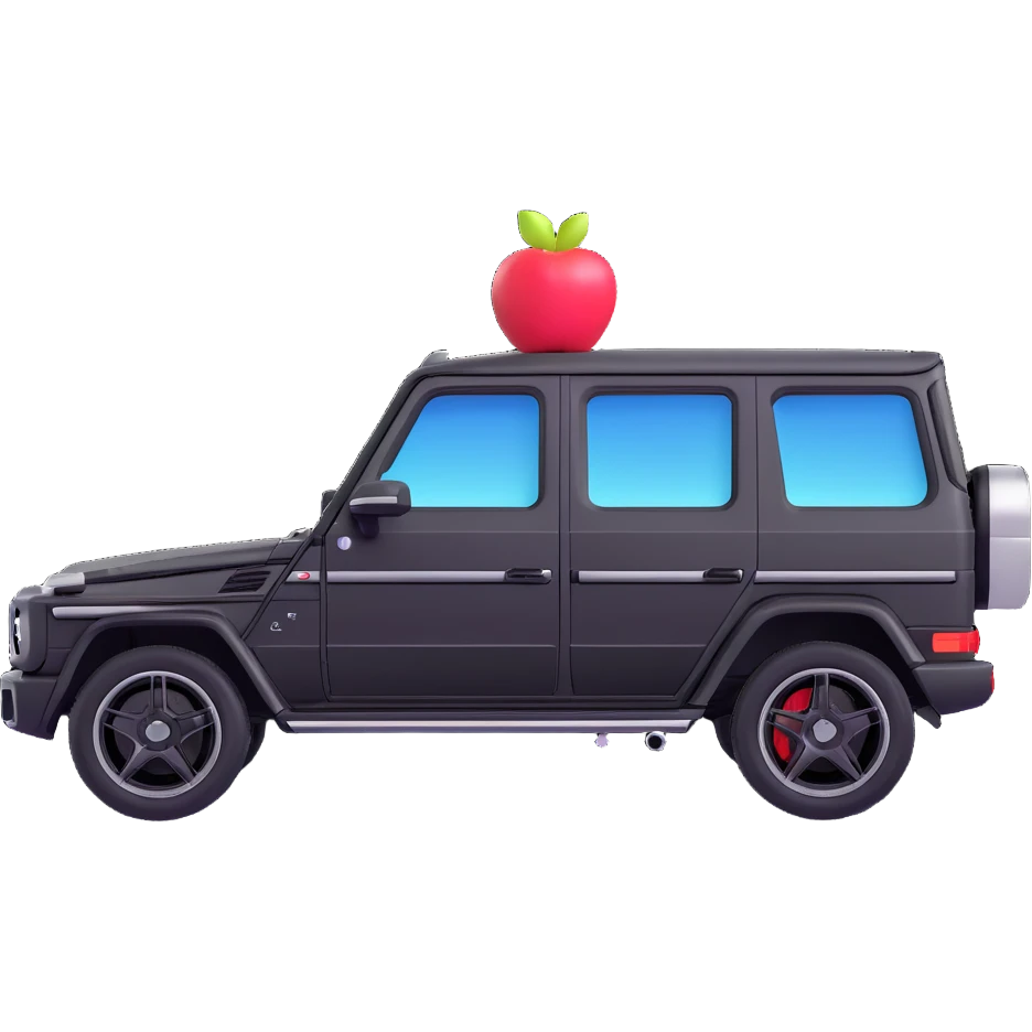 Mercedes G-Class SUV, exact side view, black color, 3D Apple emoji-like style, keep most details like door lines, simple handles, and basic rims, only slightly minimalized with just a touch of simplification for clarity, no background. emoji