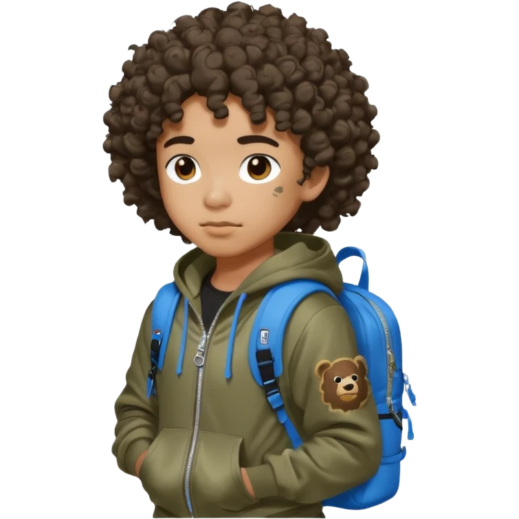 blasian teenager with curly hair, andbape hoodie and sprayground backpack emoji